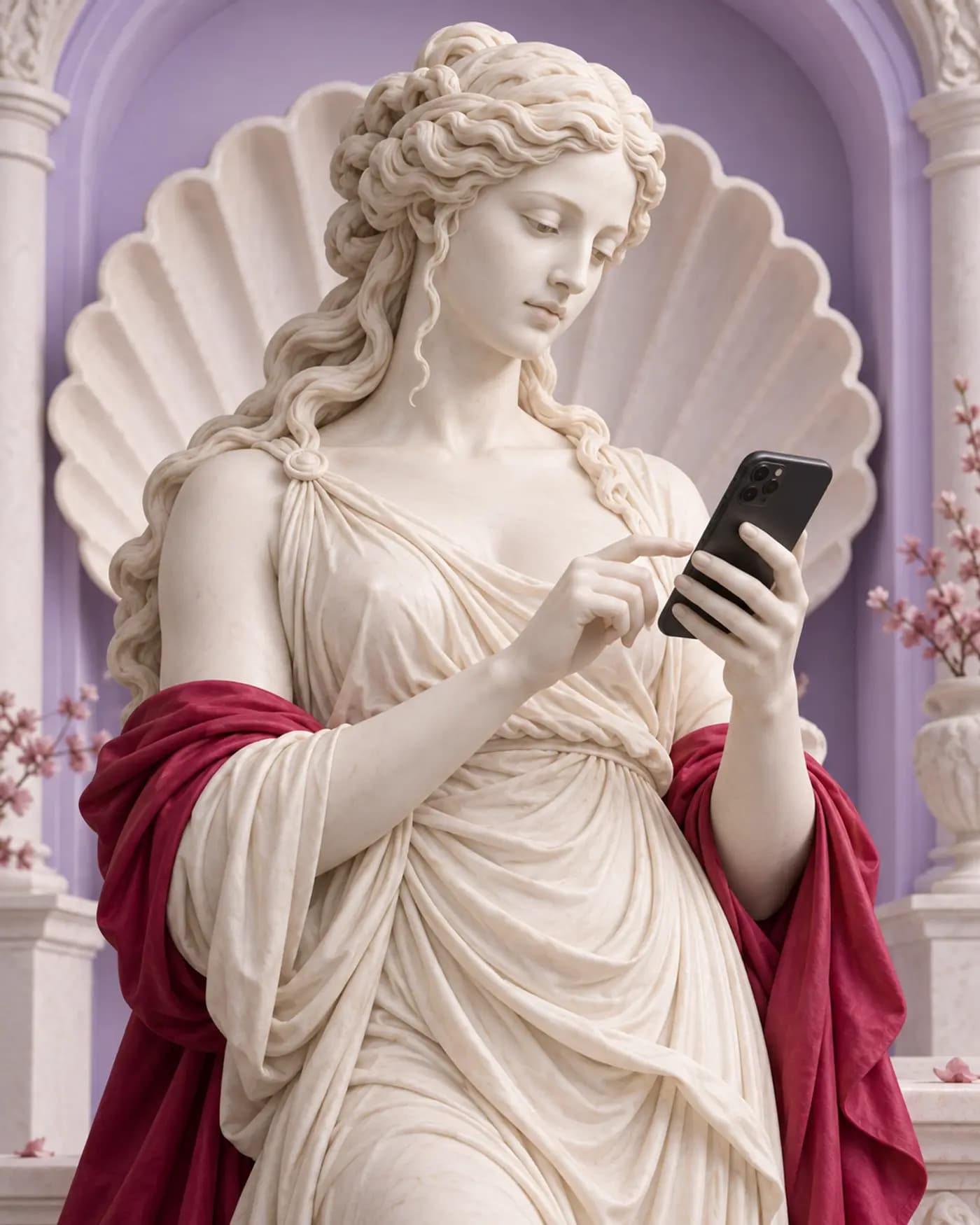 Aphrodite imagined as an ivory marble goddess using a smartphone in a lavender alcove