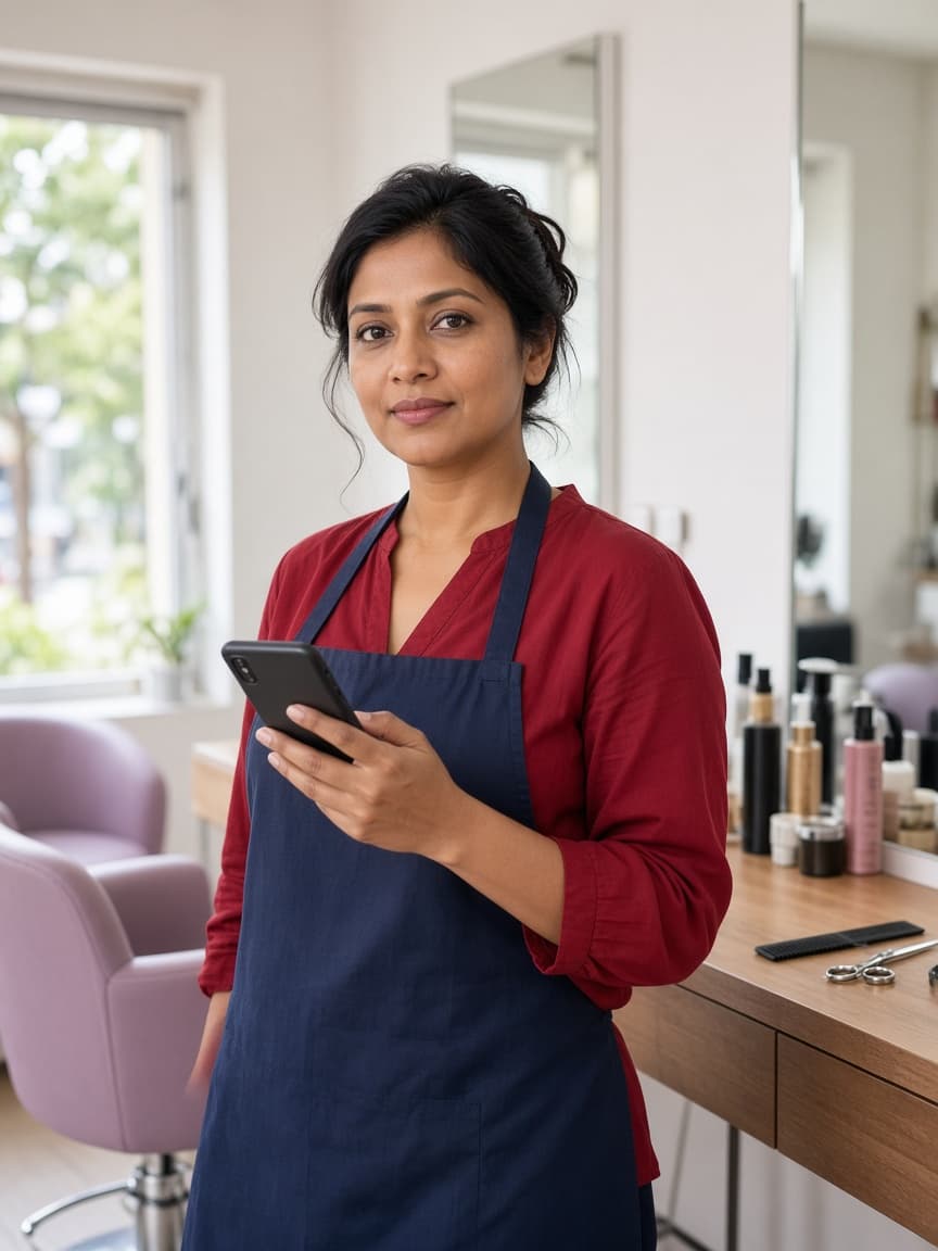 A salon owner in her salon, checking the day on her phone