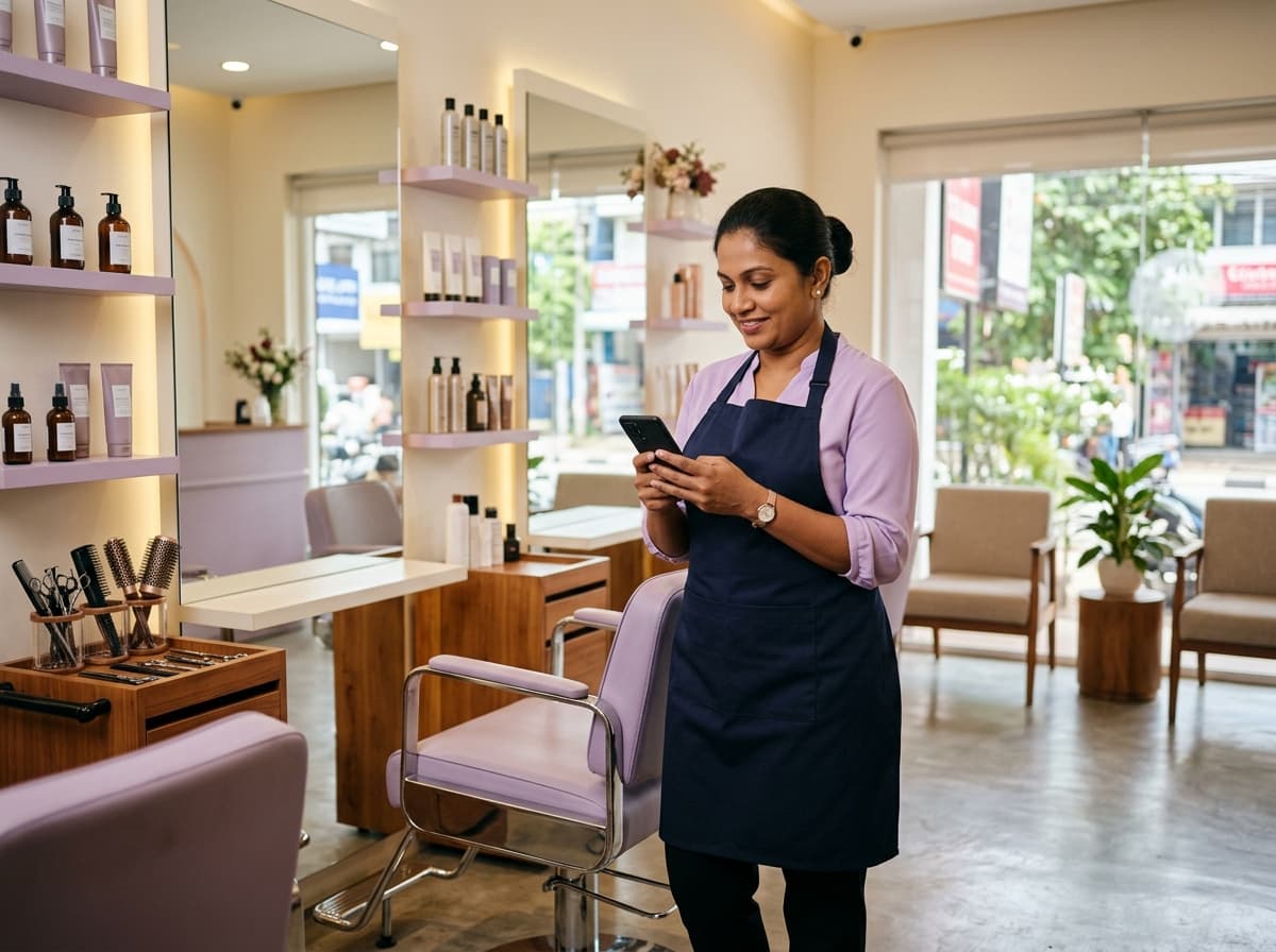 Salon professional reviewing smartphone
